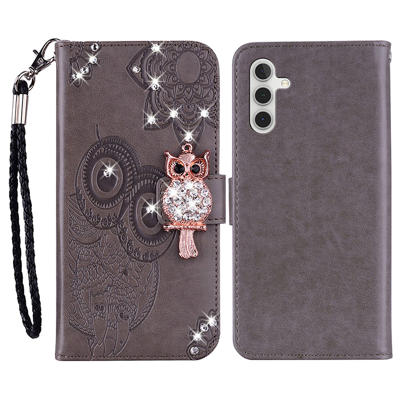 

Für Samsung Galaxy A25 5G Hülle Eulenabdruck Strass Dekor Leder Telefon Brieftasche Abdeckung - Grau, Galaxy A25 5G