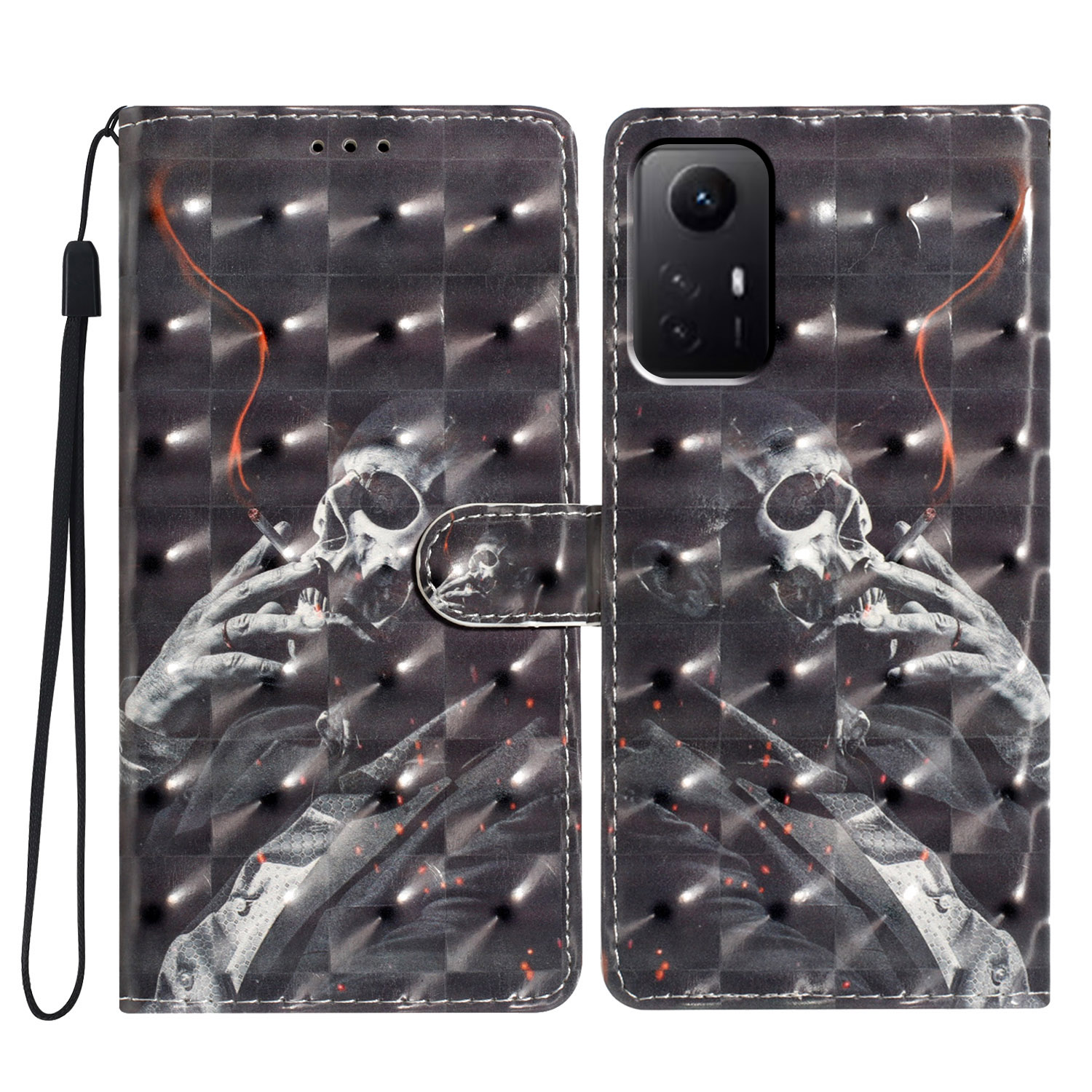 

Für Xiaomi Redmi Note 12s 4G Hülle 3D Muster Druck Flip Ständer PU Leder Telefonabdeckung - Rauchskelett, Xiaomi Redmi Note 12S 4G