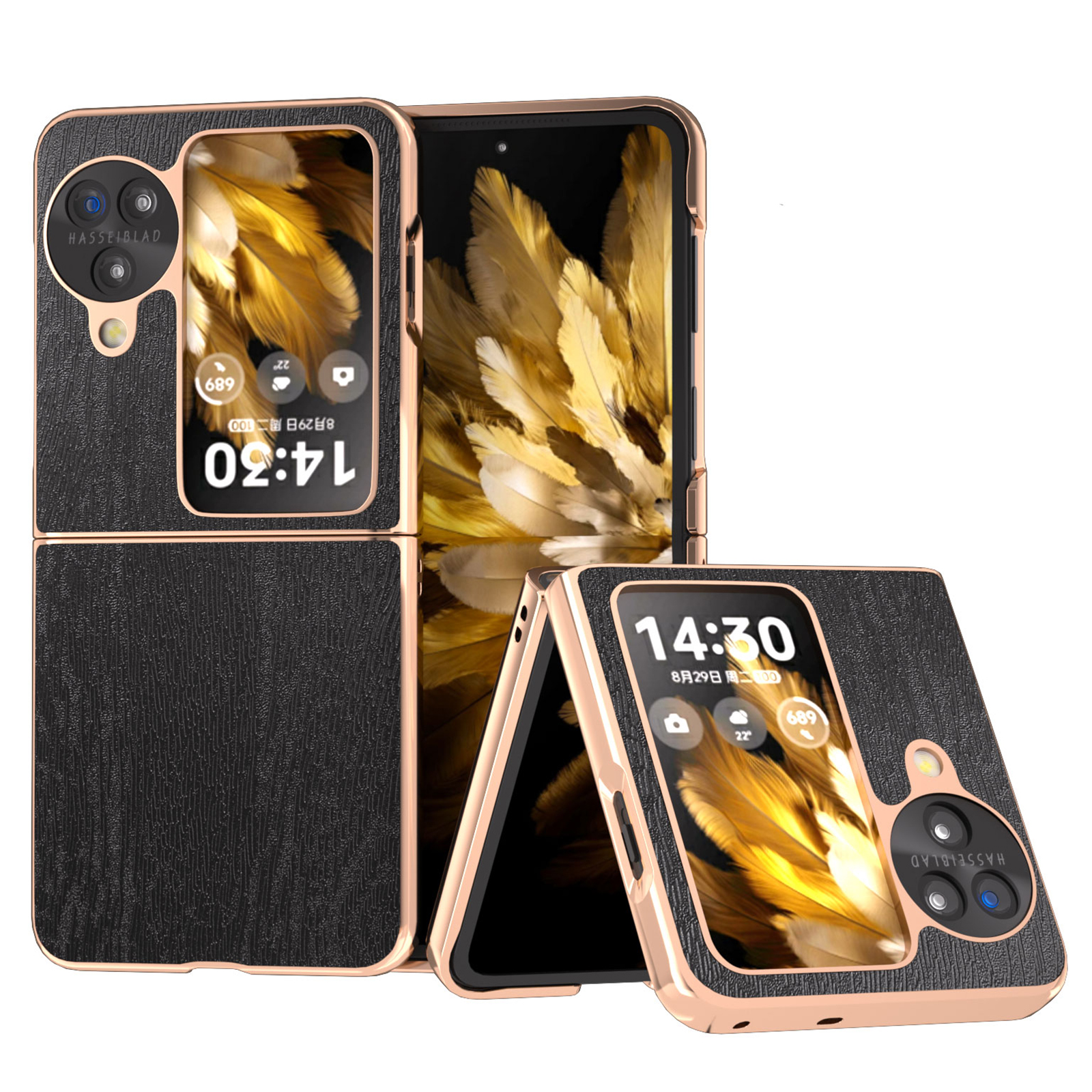 

Für Oppo Finden Sie N3 Flip 5G Hülle Holzstruktur Elektroplieren PU Leder + PC -abdeckung - Schwarz, Oppo Find N3 Flip 5G