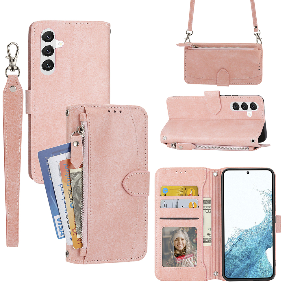 

Für Samsung Galaxy A25 5G Hülle Reißverschluss Pocket Anti-fall-lederständer Telefonschale Mit 2 Gurten - Rosa, Galaxy A25 5G