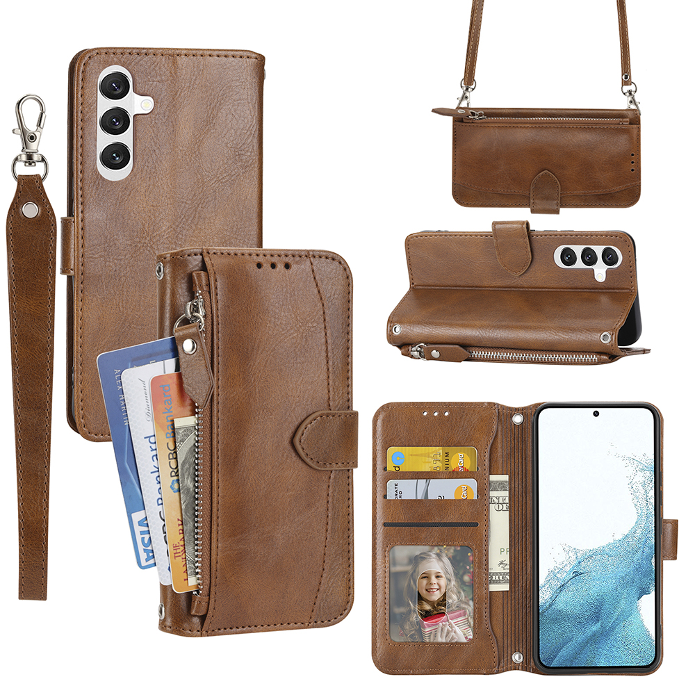 

Für Samsung Galaxy A25 5G Hülle Reißverschluss Pocket Anti-fall-lederständer Telefonschale Mit 2 Gurten - Braun, Galaxy A25 5G