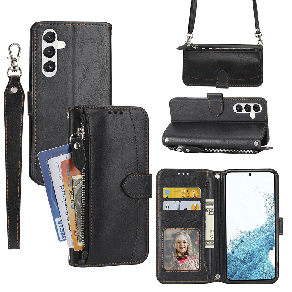 

Für Samsung Galaxy A25 5G Hülle Reißverschluss Pocket Anti-fall-lederständer Telefonschale Mit 2 Gurten - Schwarz, Galaxy A25 5G