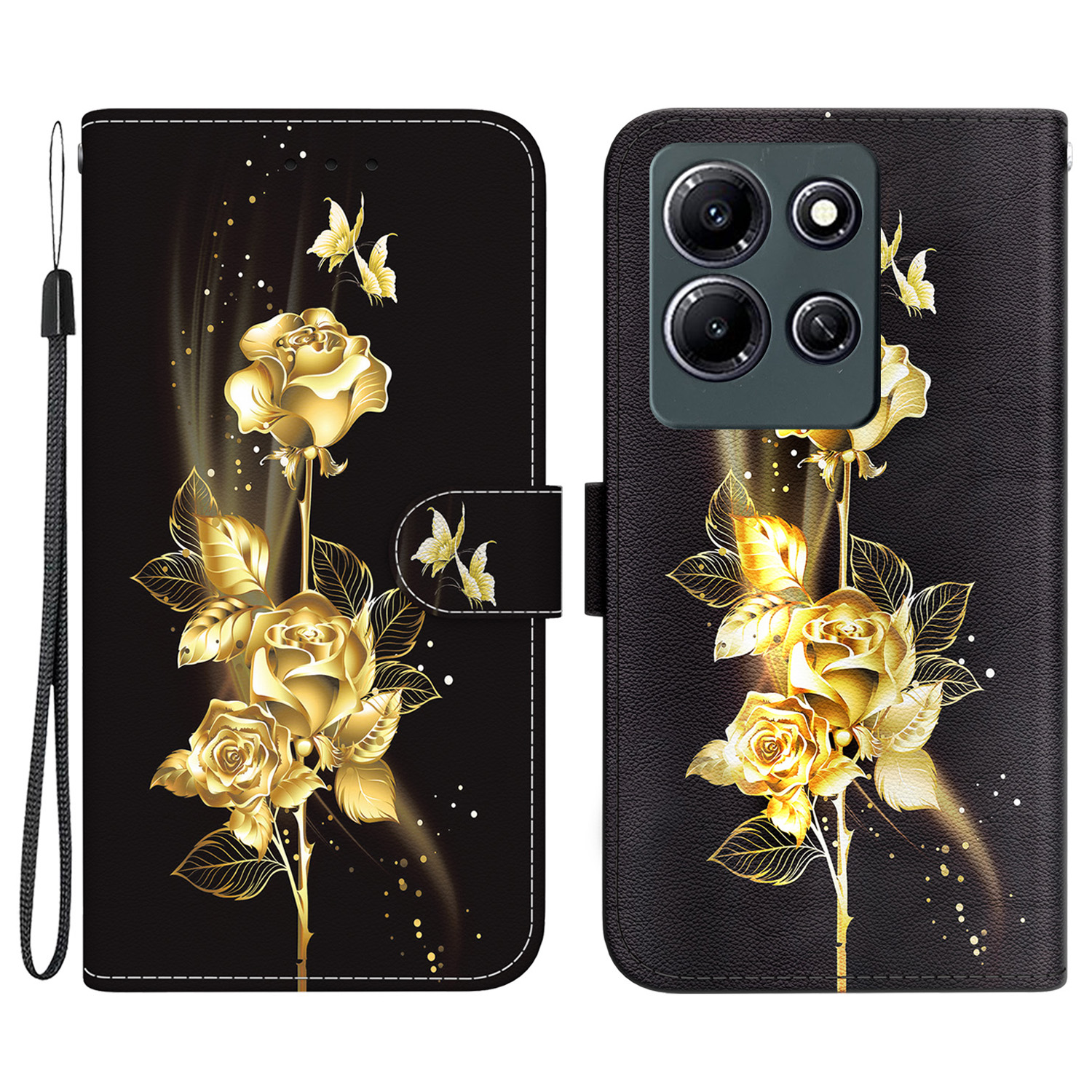 

Für Infinix -hinweis 30i 4G Koffer Wallet Full Protection Telefonabdeckung - Gold Schmetterling Rose, Infinix Note 30i 4G