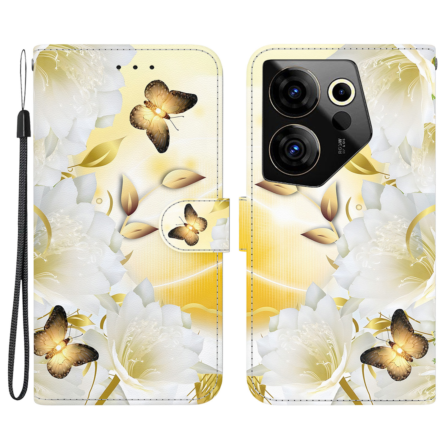 

Für Tecno Camon 20 Premier 5G Phone Case Wallet Ständer Musterdruckabdeckung - Gold Schmetterlingsblume, Tecno Camon 20 Premier 5G