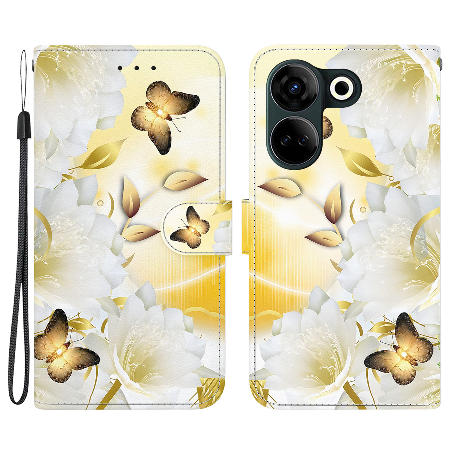 

Für Tecno Camon 20 4g / 20 Pro 4g Leder Hülle Brieftasche Telefonabdeckung - Gold Schmetterlingsblume, Tecno Camon 20 4G