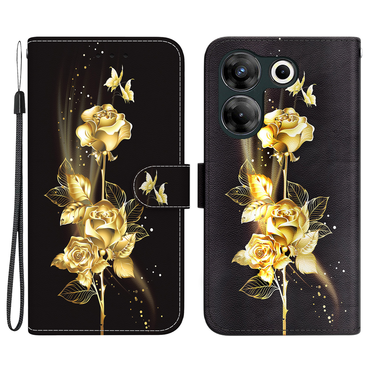 

Für Tecno Camon 20 Pro 5G -koffer -muster -druckbrieftasche Telefonabdeckung - Gold Schmetterling Rose, Tecno Camon 20 Pro 5G