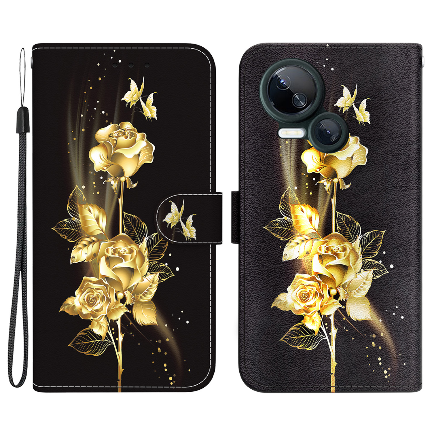 

Für Tecno Spark 10 5G Case Muster Druckbrieftasche Telefonabdeckung - Gold Schmetterling Rose, Tecno Spark 10 5G