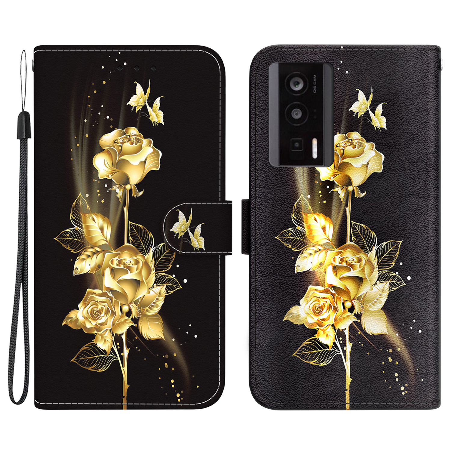 

Für Xiaomi Poco F5 Pro 5G / Redmi K60 5G / Redmi K60 Pro 5G Hülle Leder Telefonabdeckung - Gold Schmetterling Rose, Xiaomi Poco F5 Pro 5G
