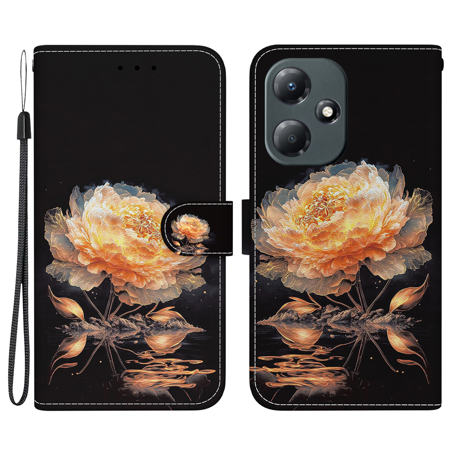

Für Infinix Hot 30 Play Phone Case Muster Ständer Telefonabdeckung - Gold Pfingstrose, Infinix Hot 30 Play