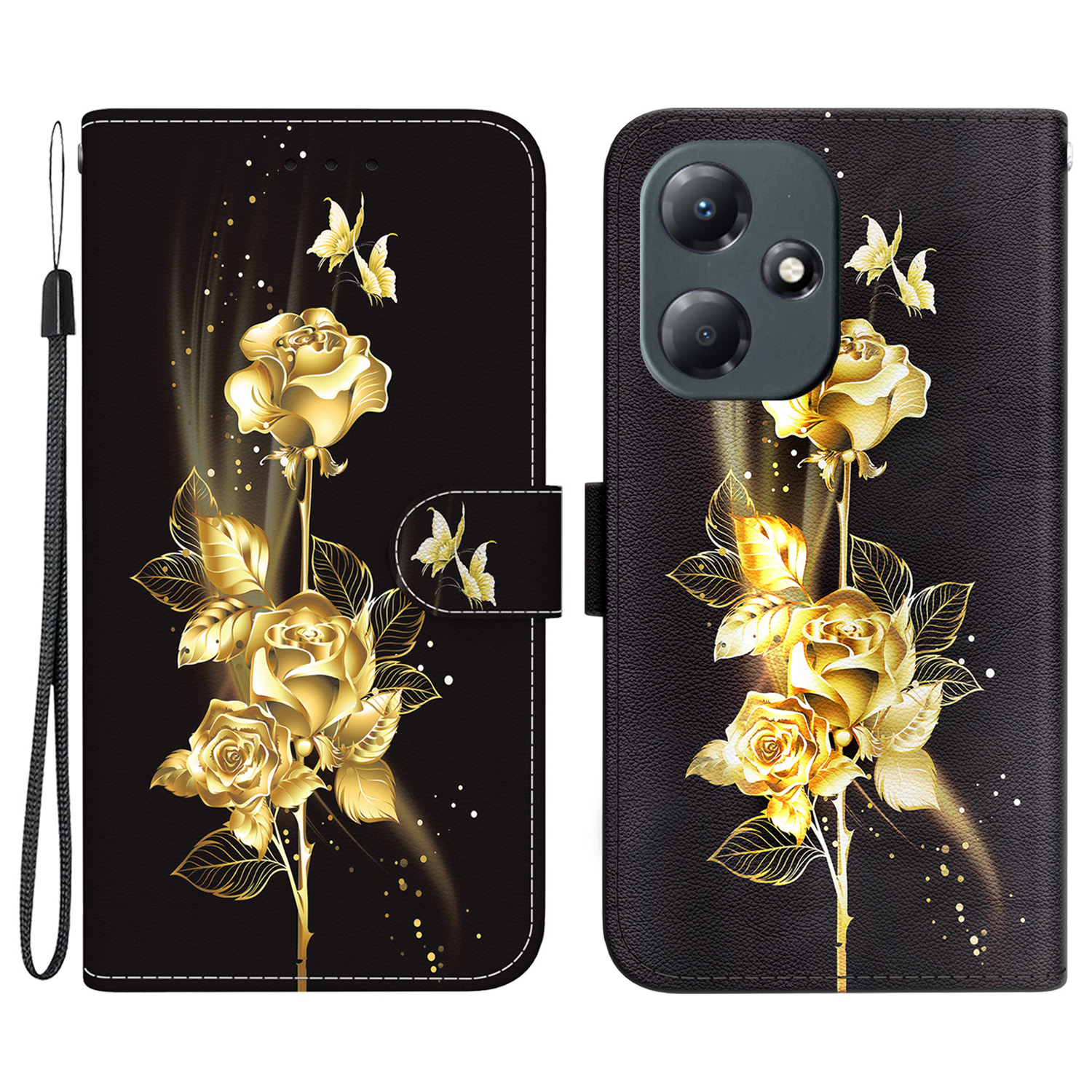 

Für Infinix Hot 30 Play Phone Case Muster Ständer Telefonabdeckung - Gold Schmetterling Rose, Infinix Hot 30 Play