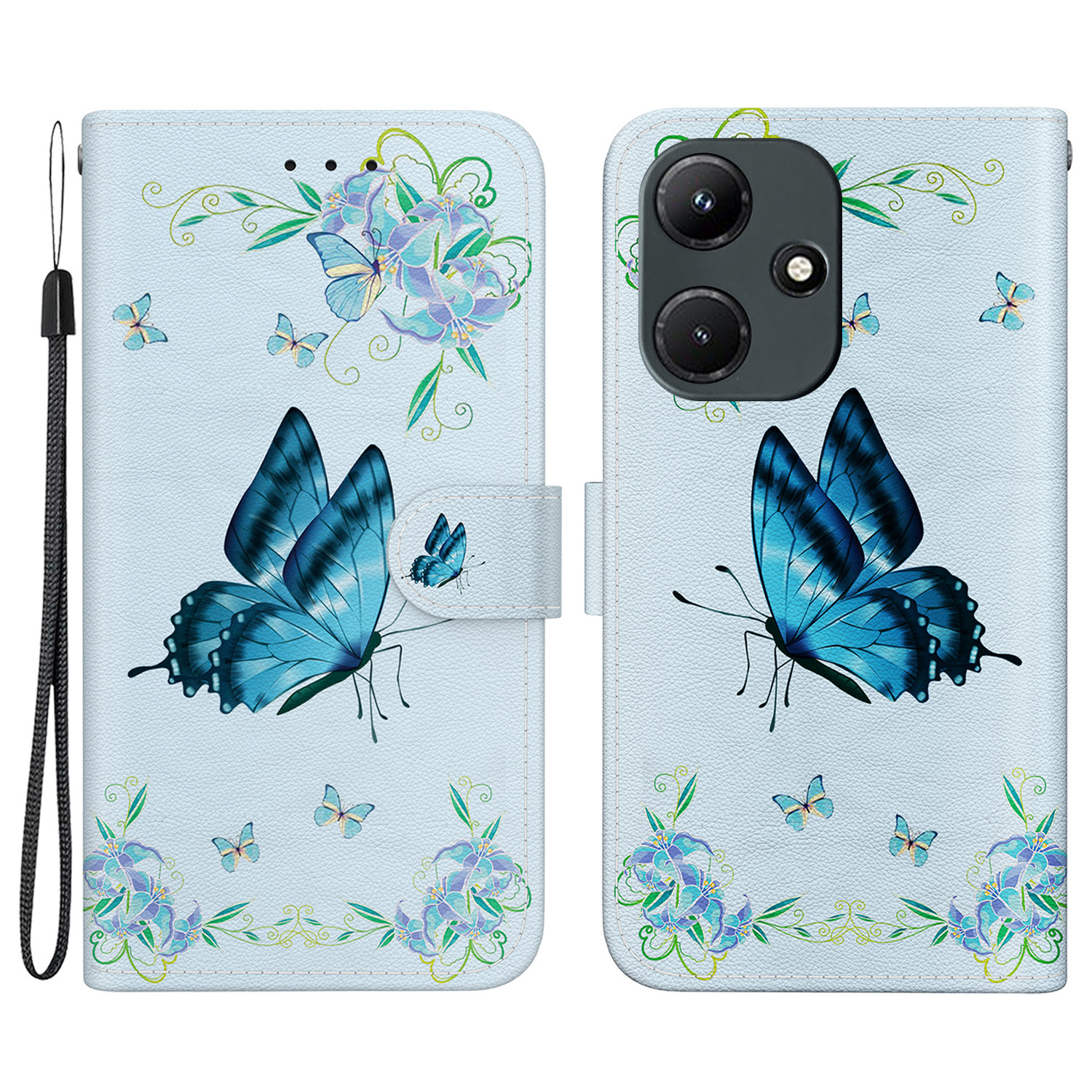 

Für Infinix Hot 30i Leder Hülle Brieftasche Schutzhelfer -abdeckung - Blaue Schmetterlingsblume, Infinix Hot 30i