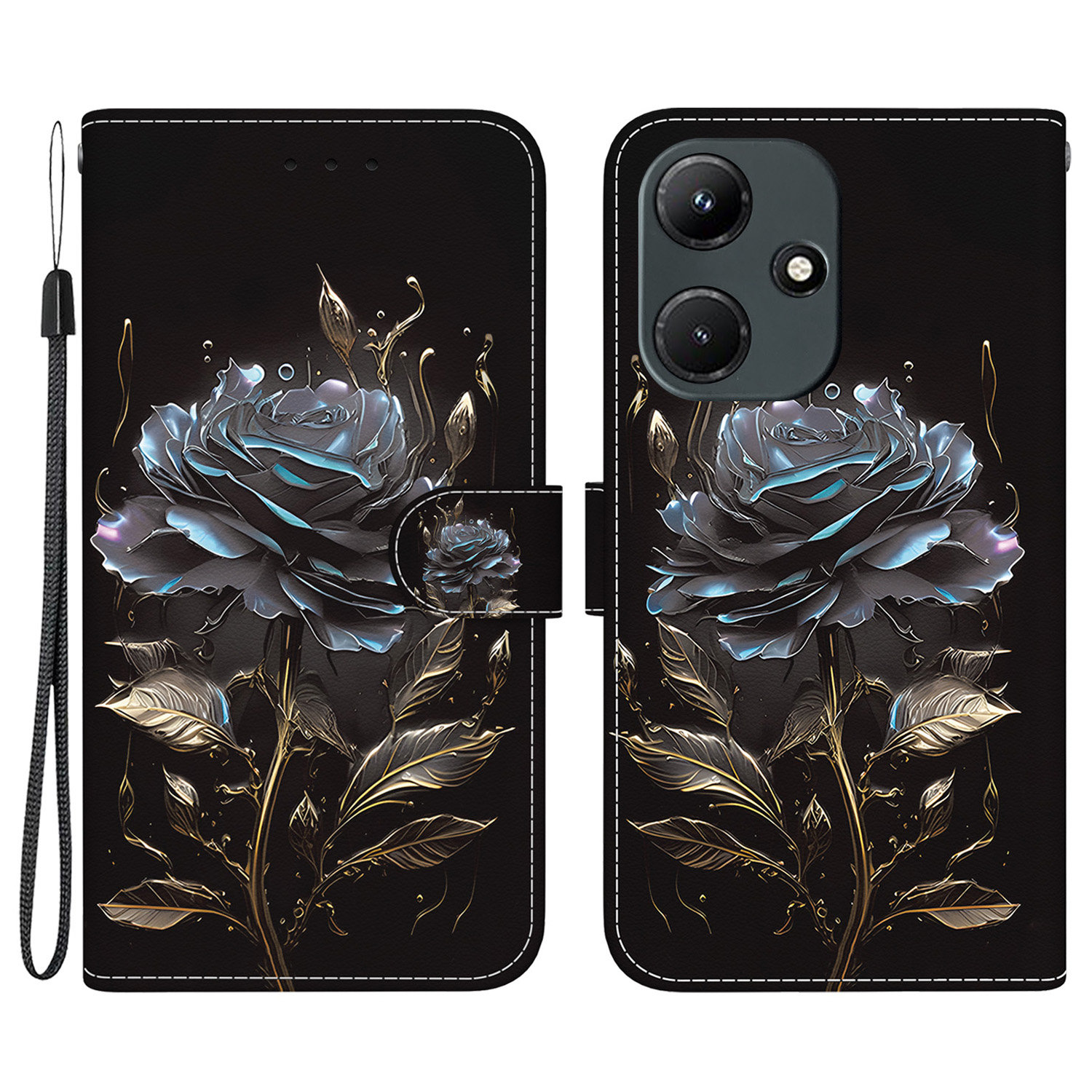 

Für Infinix Hot 30i Leder Hülle Brieftasche Schutzhelfer -abdeckung - Schwarze Rose, Infinix Hot 30i