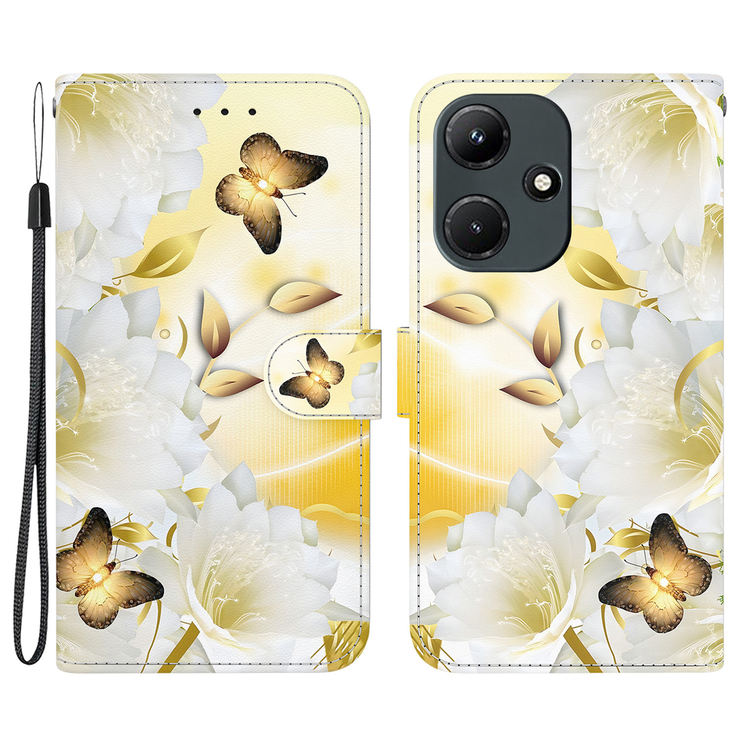 

Für Infinix Hot 30i Leder Hülle Brieftasche Schutzhelfer -abdeckung - Gold Schmetterlingsblume, Infinix Hot 30i