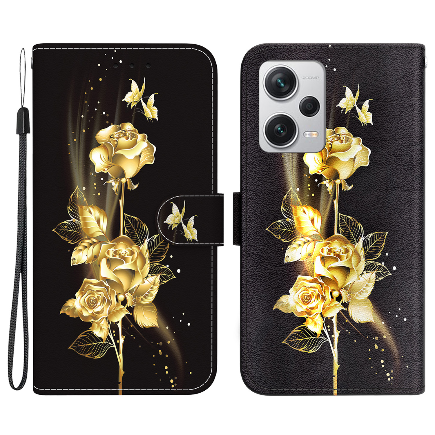 

Für Xiaomi Redmi Anmerkung 12 Pro+ 5G Fallmuster Druckphone -brieftaschenabdeckung - Gold Schmetterling Rose, Xiaomi Redmi Note 12 Pro+ 5G