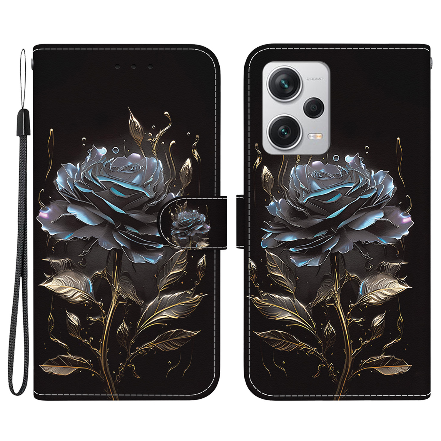 

Für Xiaomi Redmi Anmerkung 12 Pro+ 5G Fallmuster Druckphone -brieftaschenabdeckung - Schwarze Rose, Xiaomi Redmi Note 12 Pro+ 5G