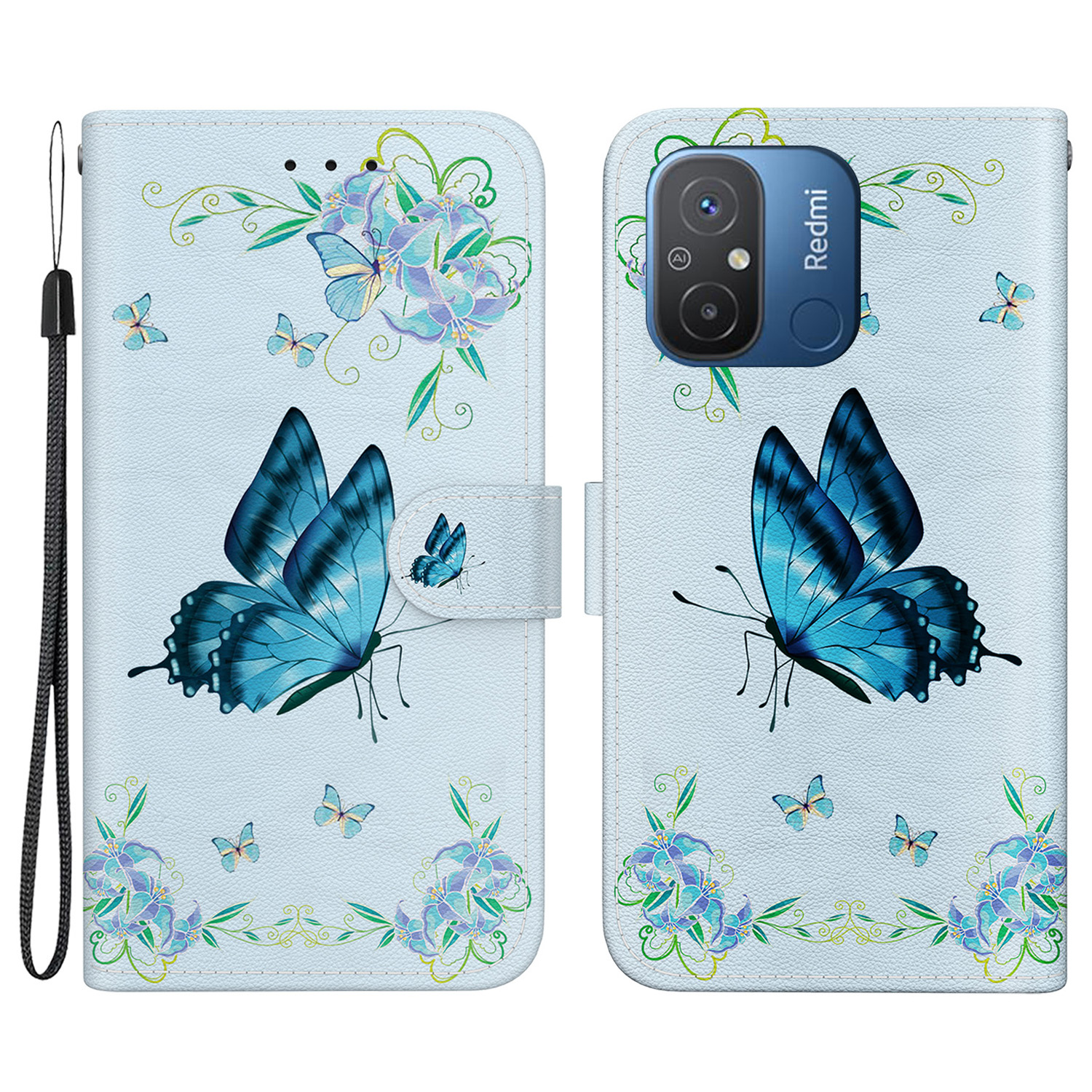 

Für Xiaomi Redmi 12C 4g-hülle Anti-kratzer-brieftaschen-telefonabdeckung - Blaue Schmetterlingsblume, Xiaomi Redmi 12C 4G