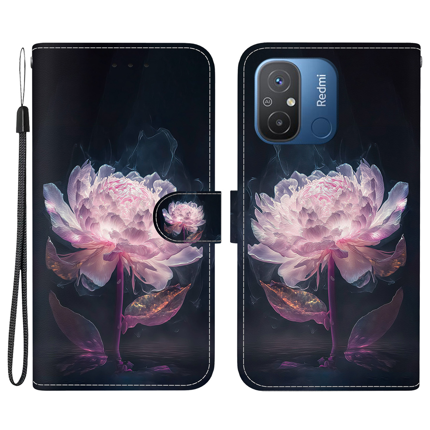 

Für Xiaomi Redmi 12C 4g-hülle Anti-kratzer-brieftaschen-telefonabdeckung - Lila Pfingstrosen, Xiaomi Redmi 12C 4G