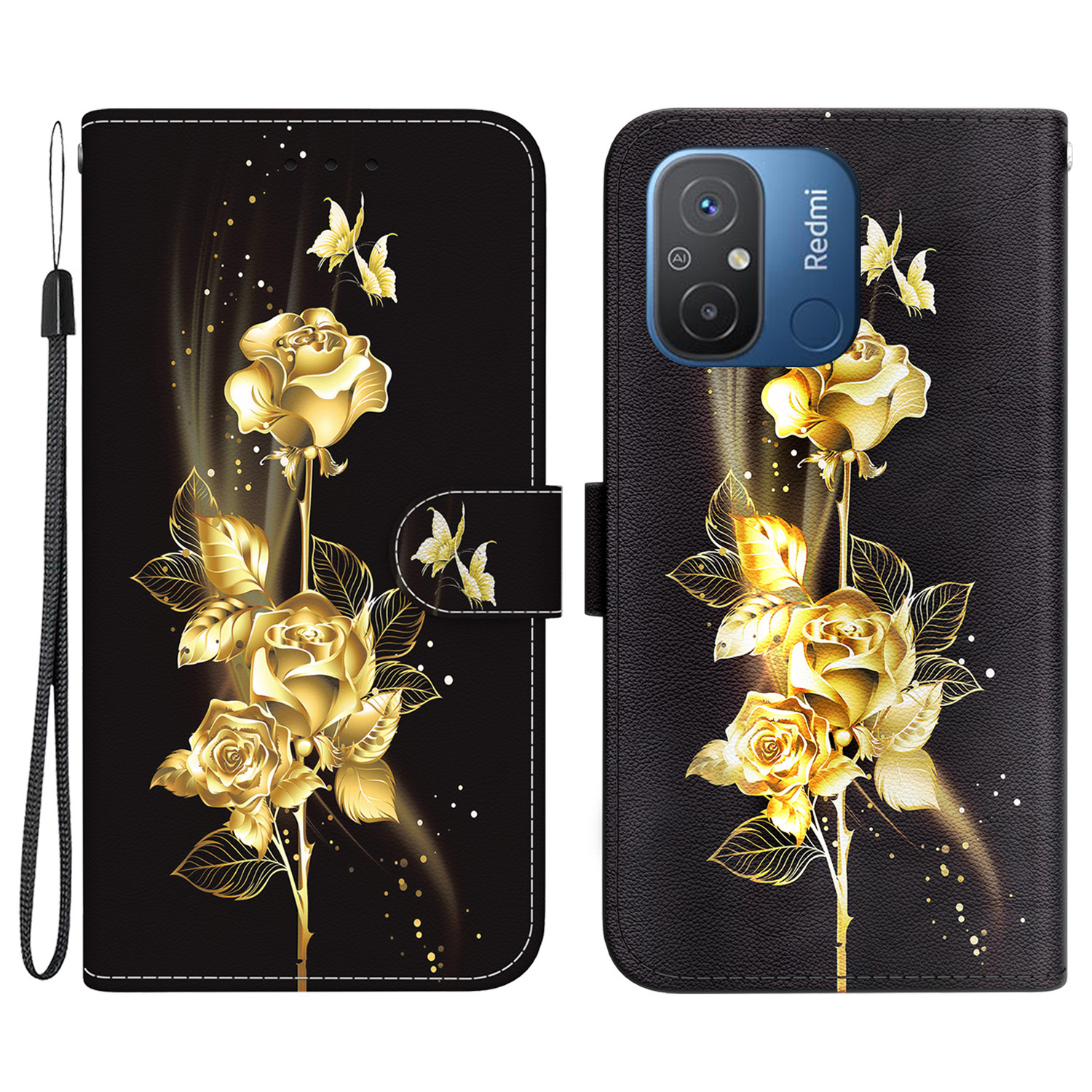 

Für Xiaomi Redmi 12C 4g-hülle Anti-kratzer-brieftaschen-telefonabdeckung - Gold Schmetterling Rose, Xiaomi Redmi 12C 4G