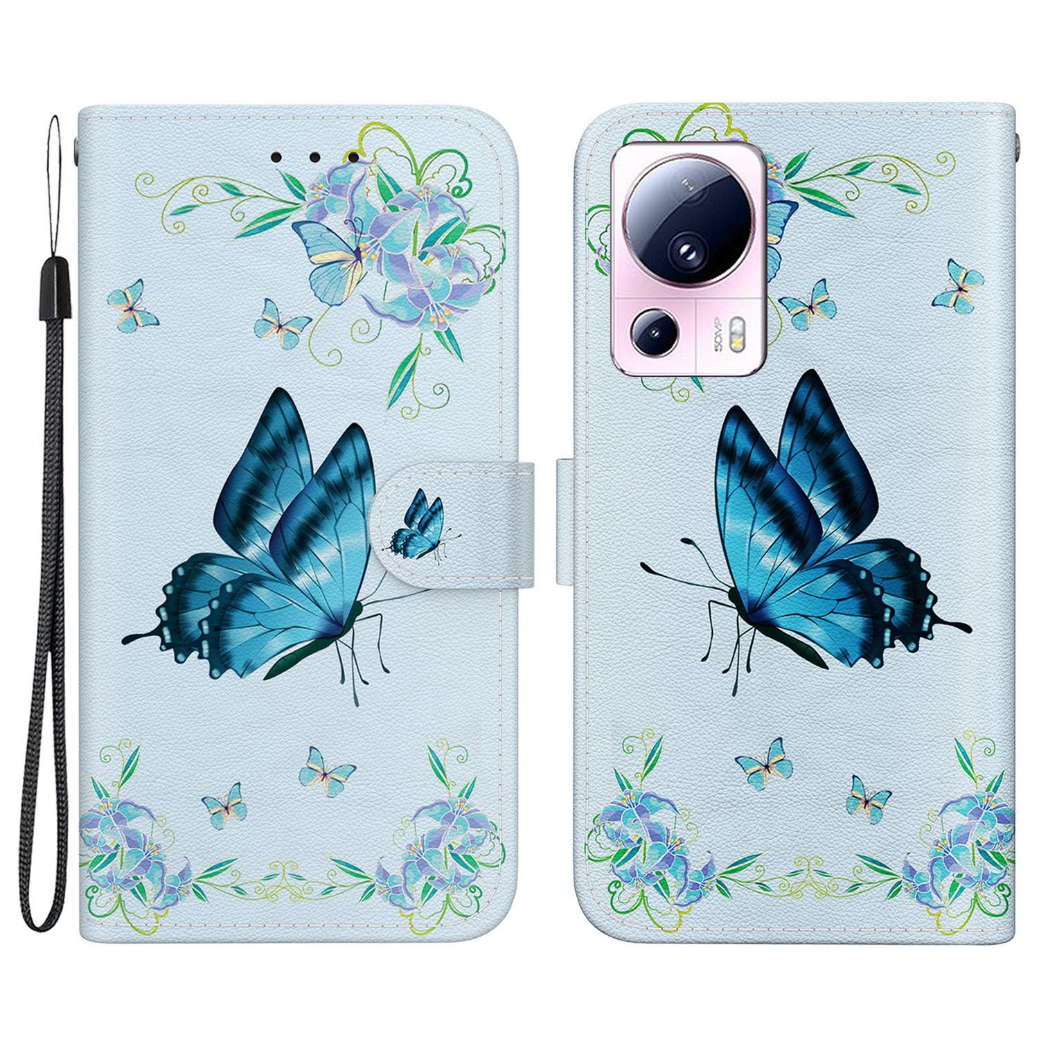 

Für Xiaomi 13 Lite / Civi 2 5G Fallmuster Druck Telefonständer Cover - Blaue Schmetterlingsblume, Xiaomi 13 Lite