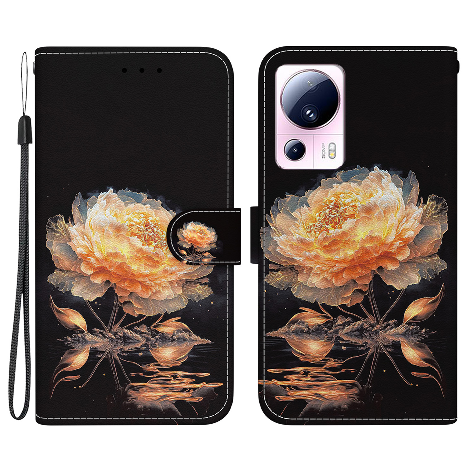 

Für Xiaomi 13 Lite / Civi 2 5G Fallmuster Druck Telefonständer Cover - Gold Pfingstrose, Xiaomi 13 Lite