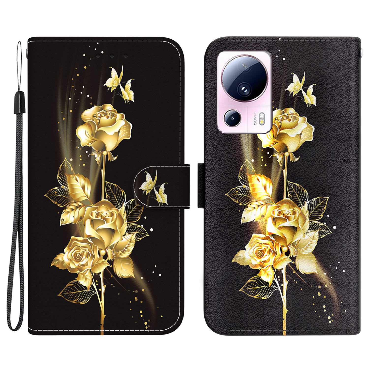

Für Xiaomi 13 Lite / Civi 2 5G Fallmuster Druck Telefonständer Cover - Gold Schmetterling Rose, Xiaomi 13 Lite