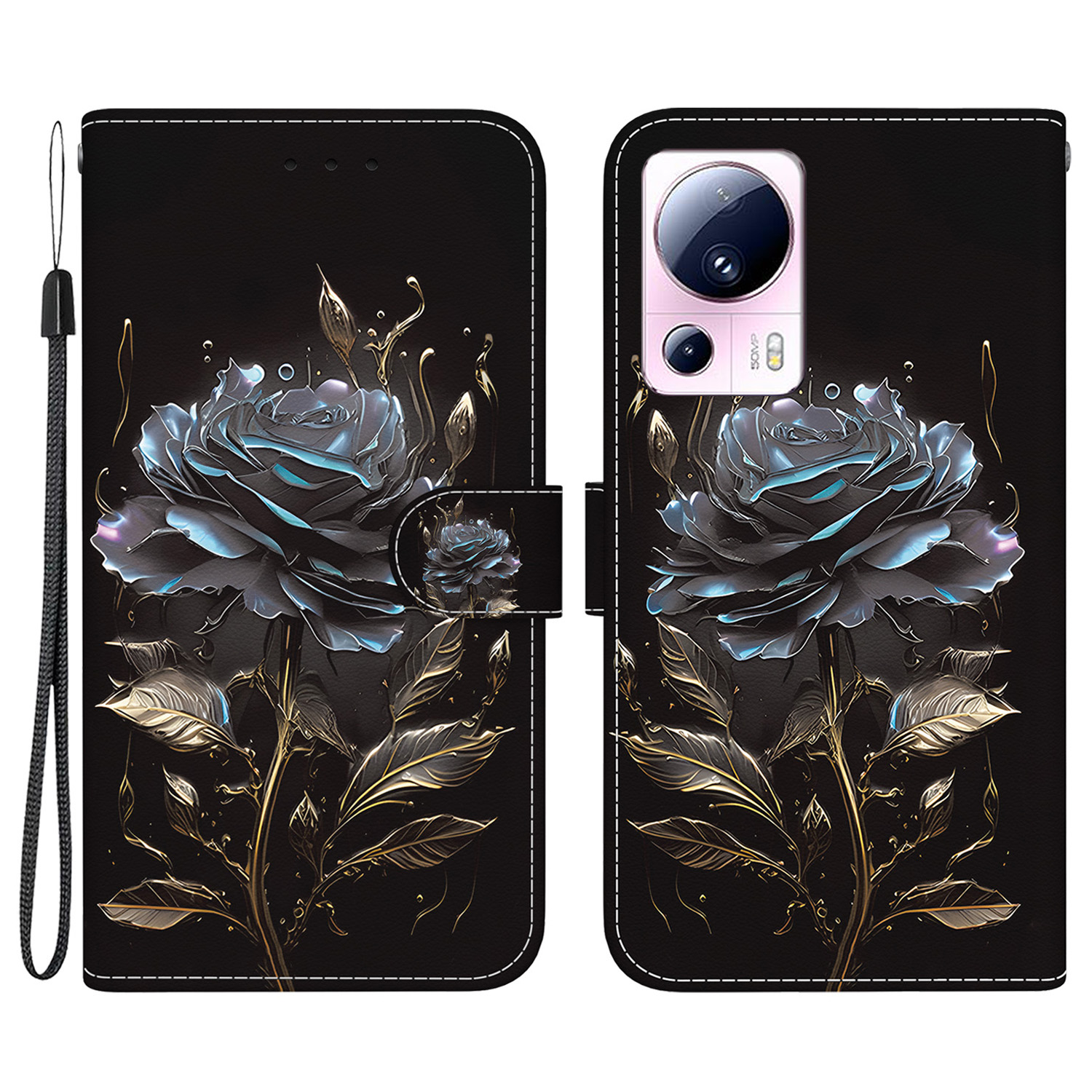 

Für Xiaomi 13 Lite / Civi 2 5G Fallmuster Druck Telefonständer Cover - Schwarze Rose, Xiaomi 13 Lite