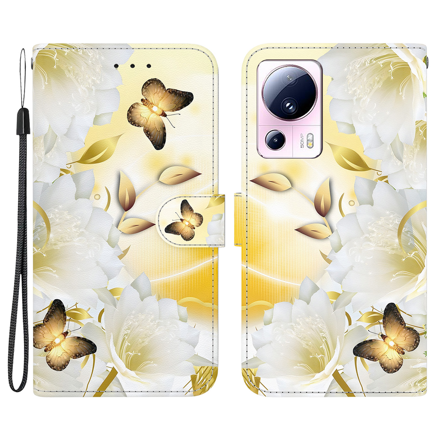 

Für Xiaomi 13 Lite / Civi 2 5G Fallmuster Druck Telefonständer Cover - Gold Schmetterlingsblume, Xiaomi 13 Lite
