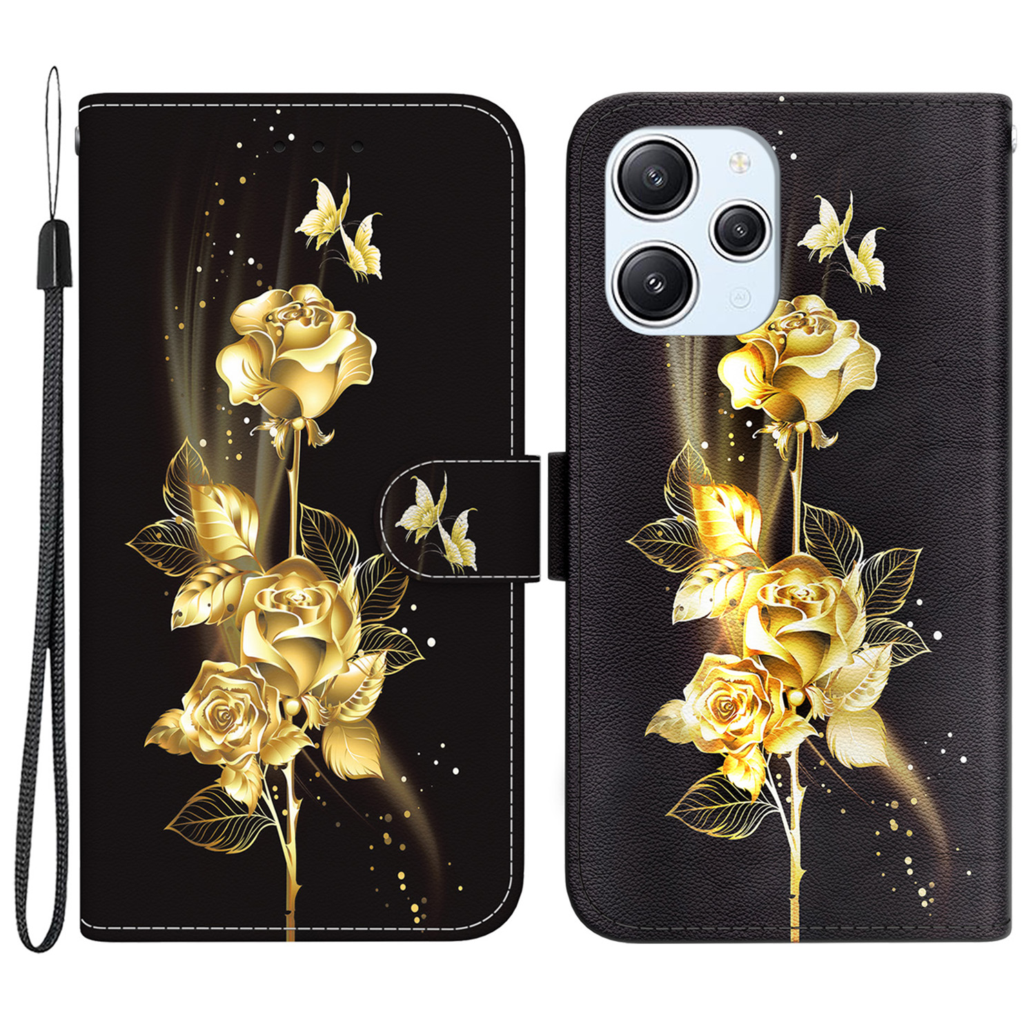 

Für Xiaomi Redmi 12 4G Hülle PU Ledermuster Folio -telefonabdeckung - Gold Schmetterling Rose, Xiaomi Redmi 12 4G