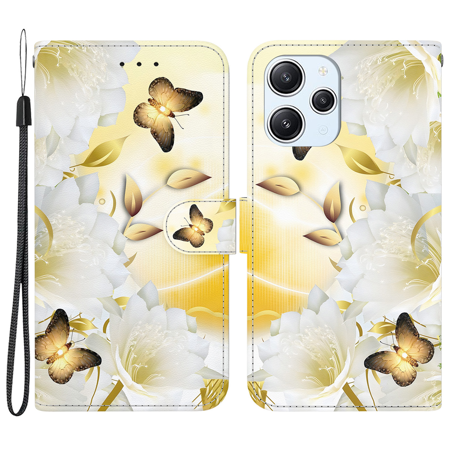 

Für Xiaomi Redmi 12 4G Hülle PU Ledermuster Folio -telefonabdeckung - Gold Schmetterlingsblume, Xiaomi Redmi 12 4G