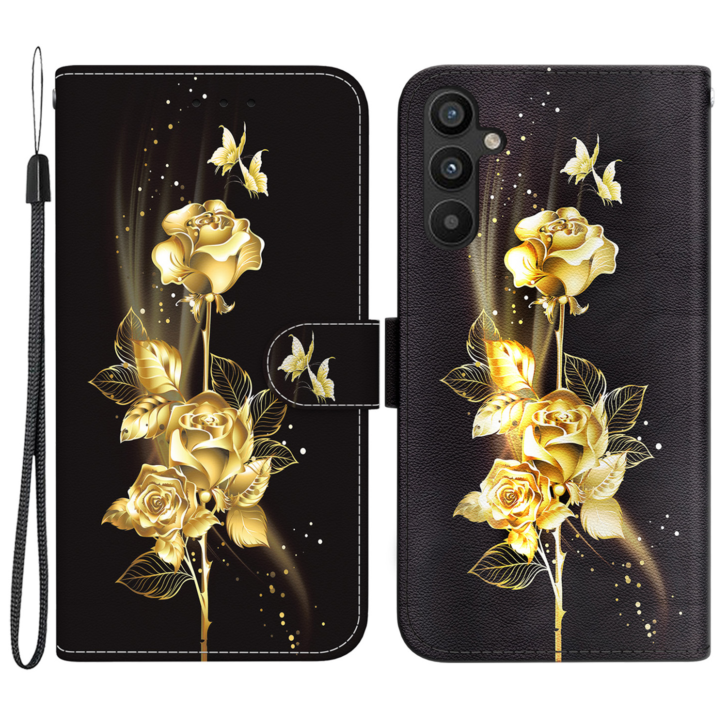

Für Samsung Galaxy A34 5G Koffer Wallet PU Ledermuster Telefonabdeckung - Gold Schmetterling Rose, Galaxy A34 5G