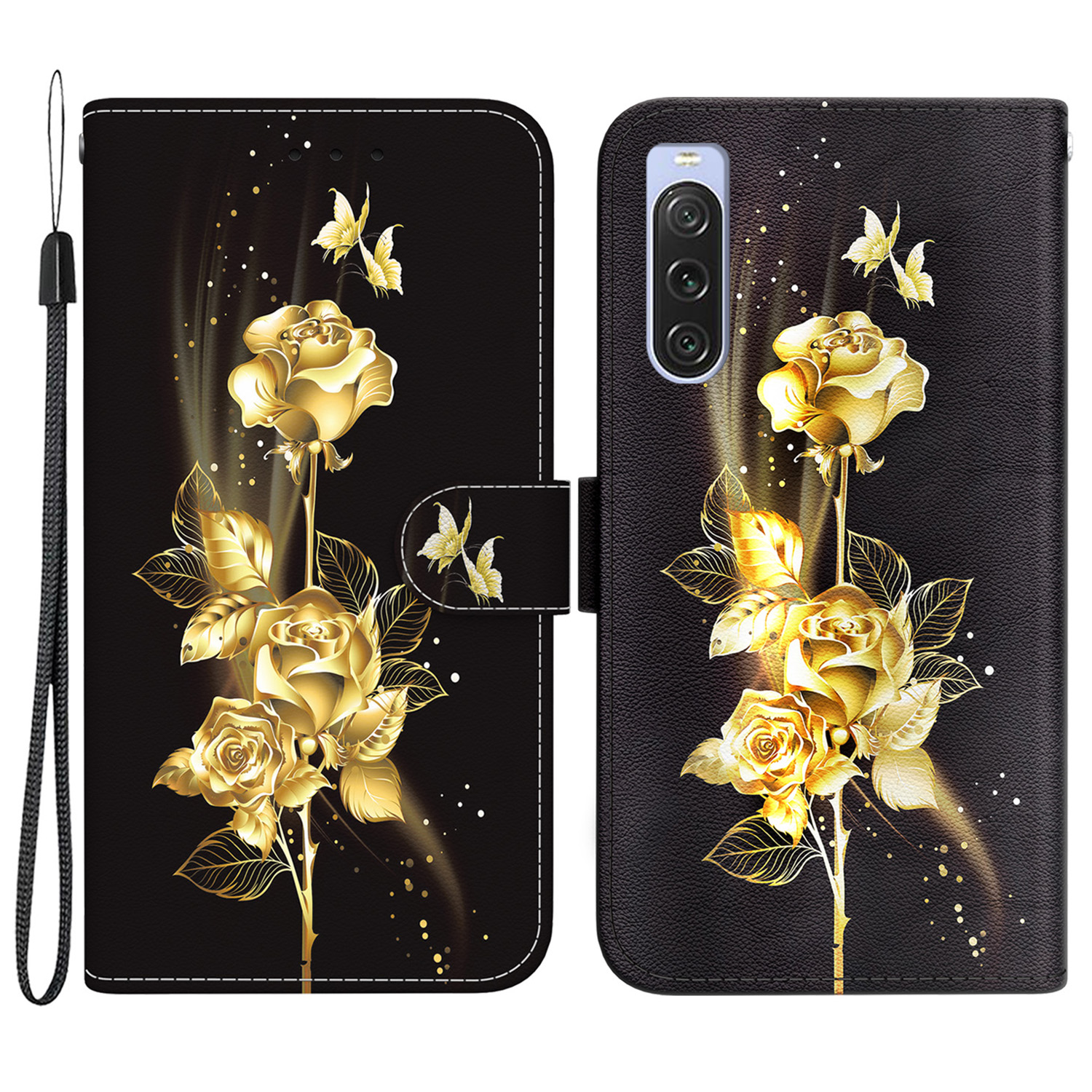 

Für Sony Xperia 10 V Case Muster Gedrucktes PU -leder -schutz Telefonabdeckung - Gold Schmetterling Rose, Sony Xperia 10 V