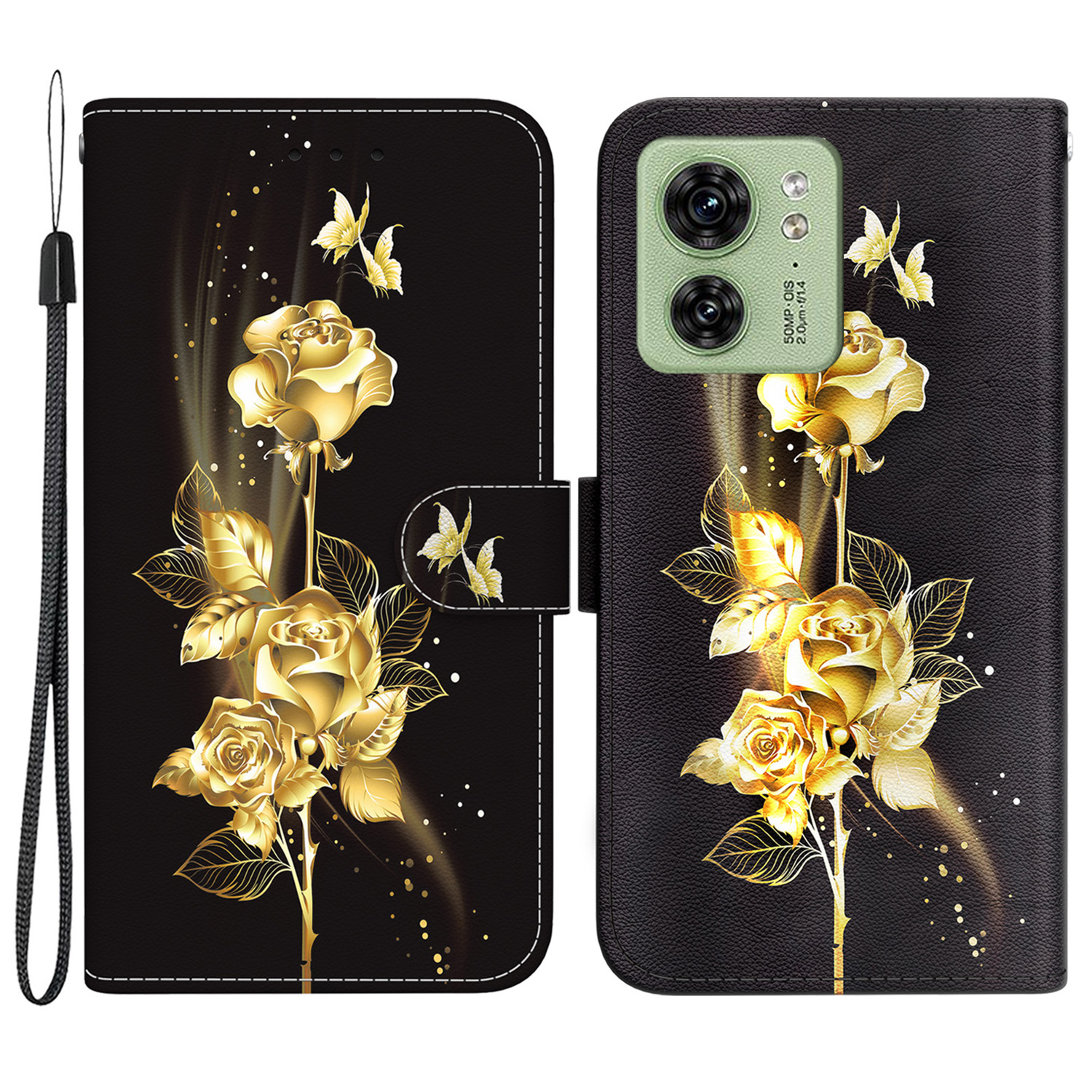 

Für Motorola Edge 40 5G Hülle Flip PU Lederständer Telefonabdeckung - Gold Schmetterling Rose, Motorola Edge 40 5G