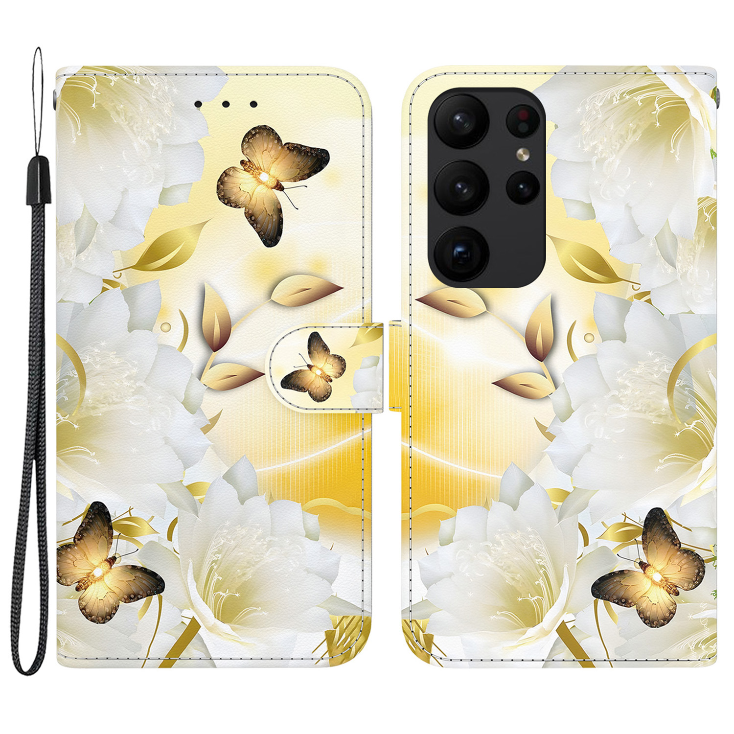 

Für Samsung Galaxy S23 Ultra Case PU Leder Muster Flip Folio -telefonabdeckung - Gold Schmetterlingsblume, Galaxy S23 Ultra