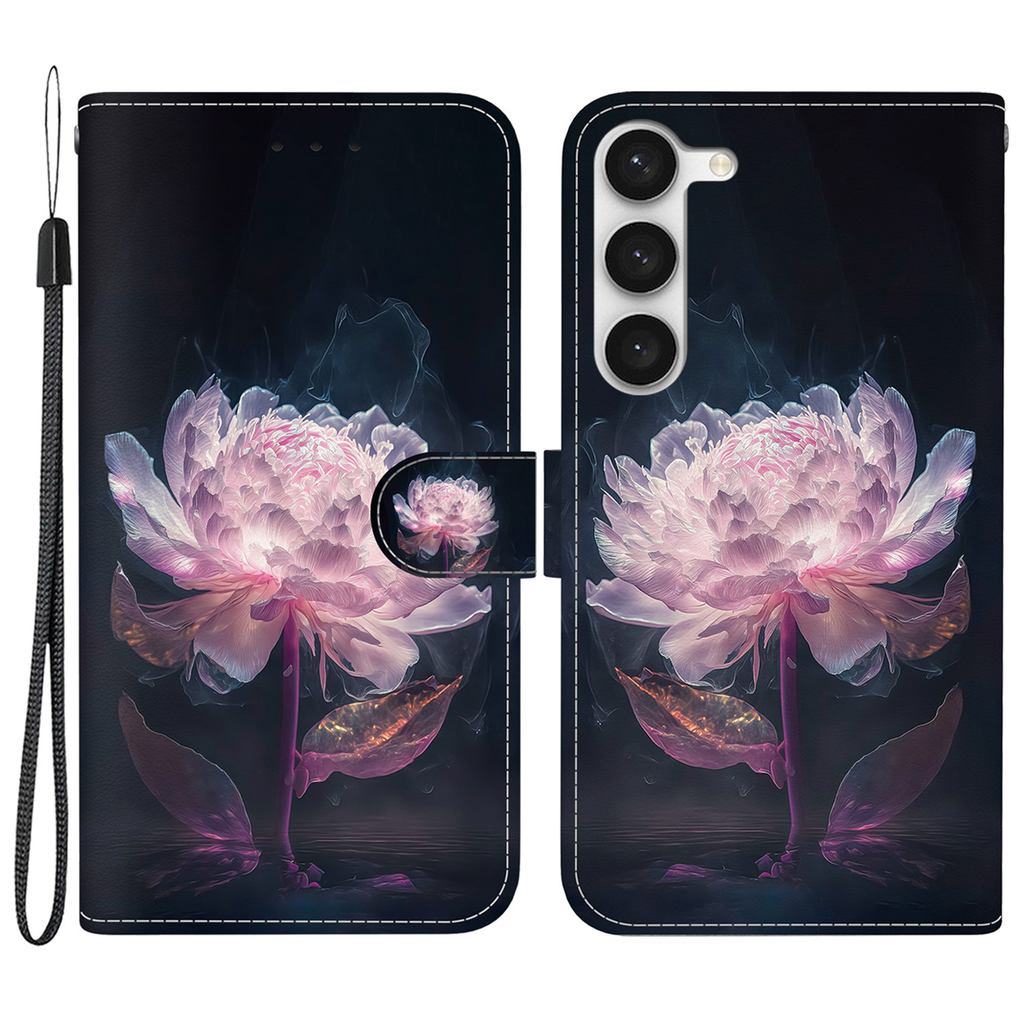 

Für Samsung Galaxy S23+ Hülle PU Ledermuster Ständer Brieftasche Telefonabdeckung - Lila Pfingstrosen, Galaxy S23+