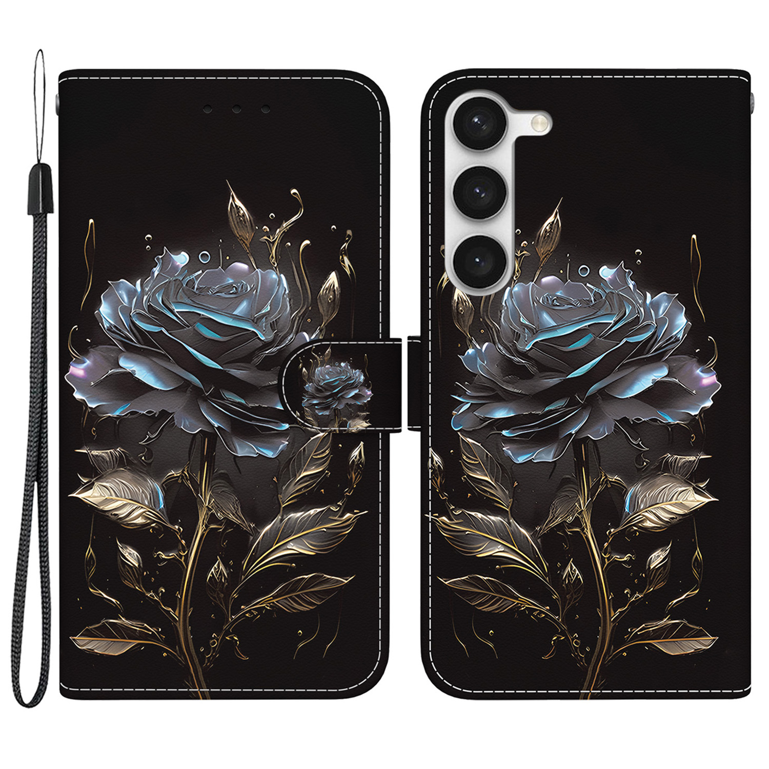 

Für Samsung Galaxy S23+ Hülle PU Ledermuster Ständer Brieftasche Telefonabdeckung - Schwarze Rose, Galaxy S23+