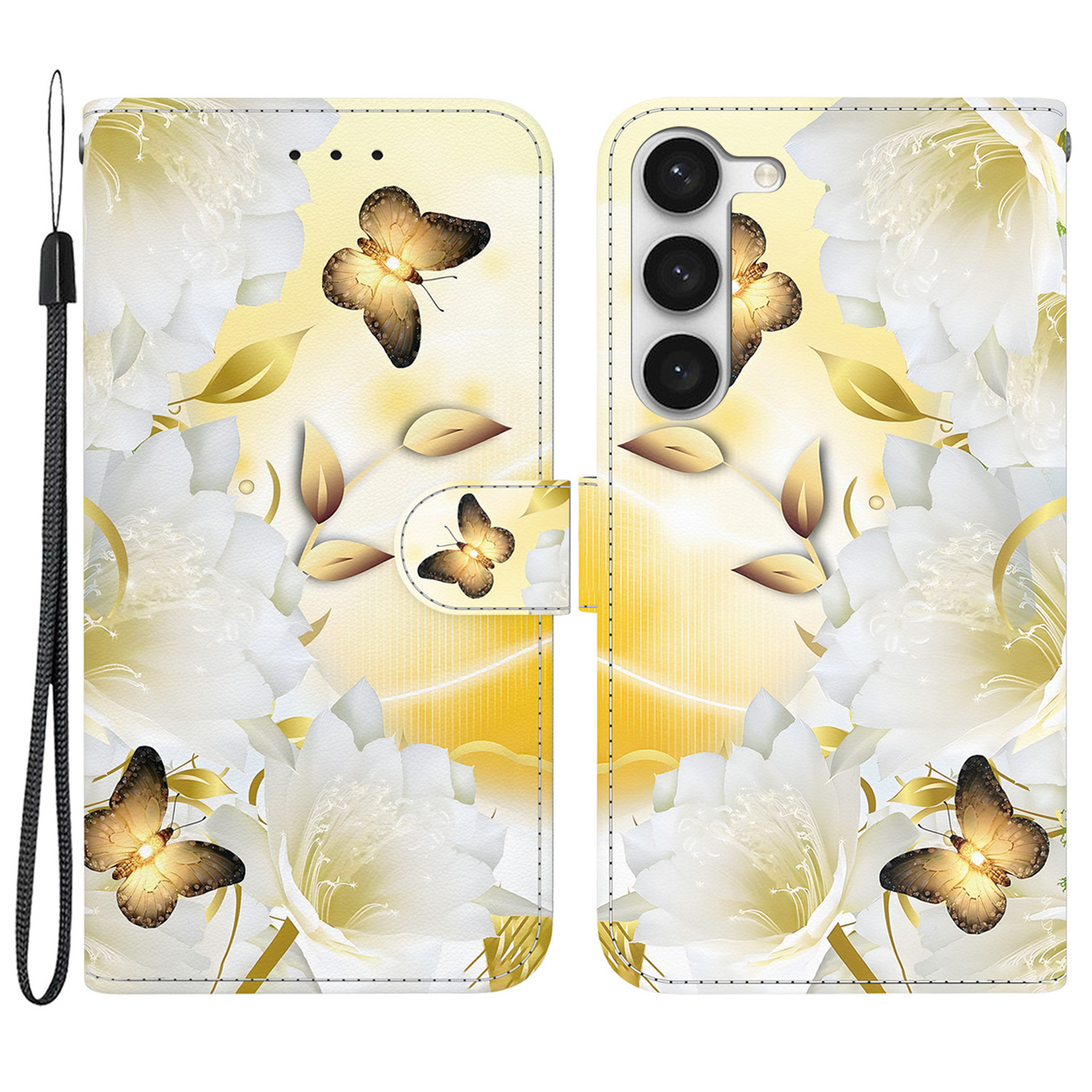 

Für Samsung Galaxy S23+ Hülle PU Ledermuster Ständer Brieftasche Telefonabdeckung - Gold Schmetterlingsblume, Galaxy S23+