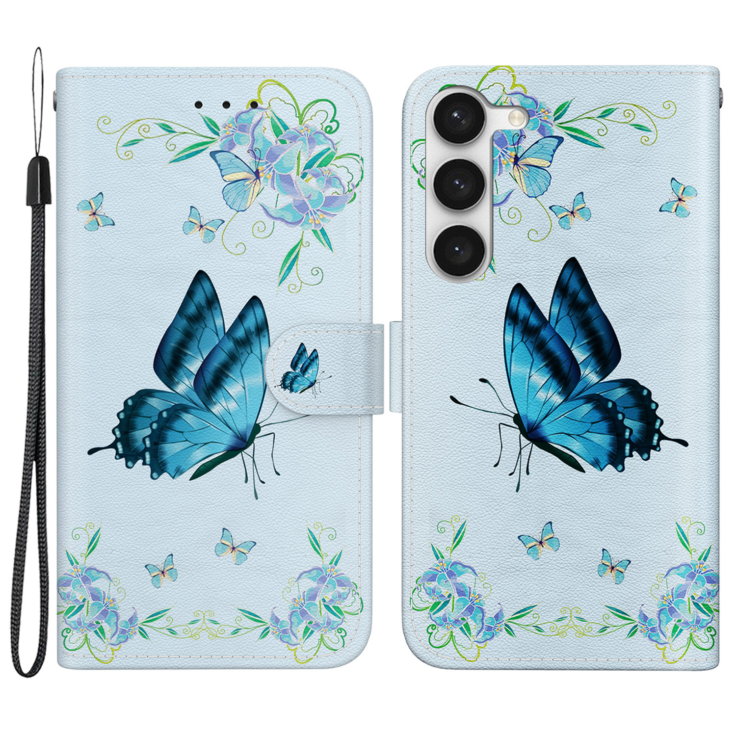 

Für Samsung Galaxy S23+ Hülle PU Ledermuster Ständer Brieftasche Telefonabdeckung - Blaue Schmetterlingsblume, Galaxy S23+