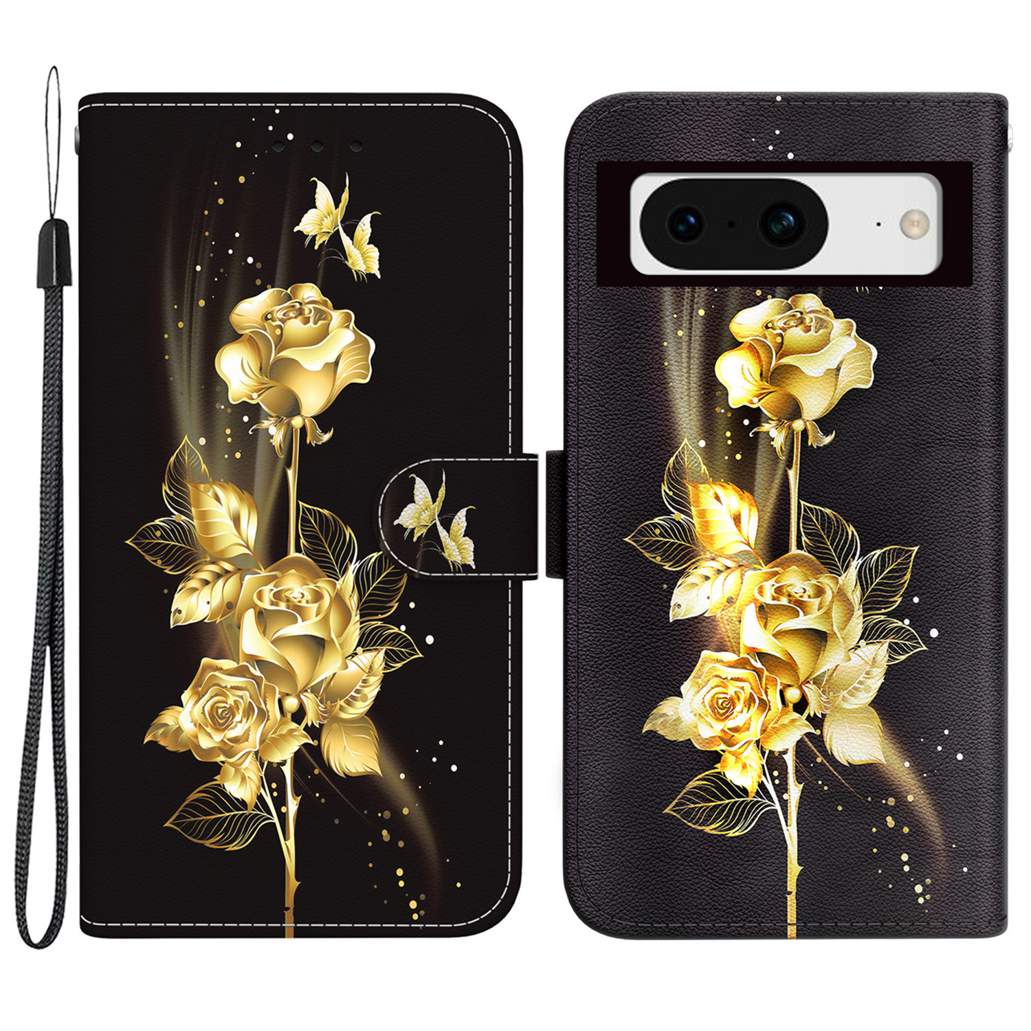 

Für Google Pixel 8 Case Muster Folio PU Leder -schutz Telefonabdeckung - Gold Schmetterling Rose, Google Pixel 8