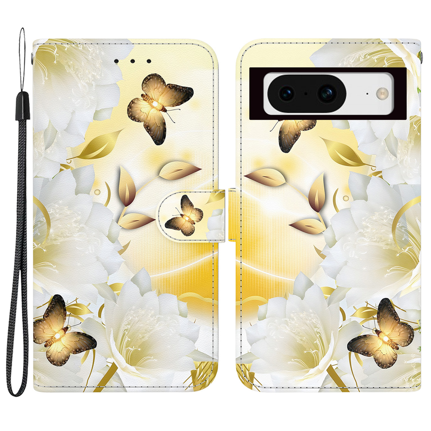

Für Google Pixel 8 Case Muster Folio PU Leder -schutz Telefonabdeckung - Gold Schmetterlingsblume, Google Pixel 8