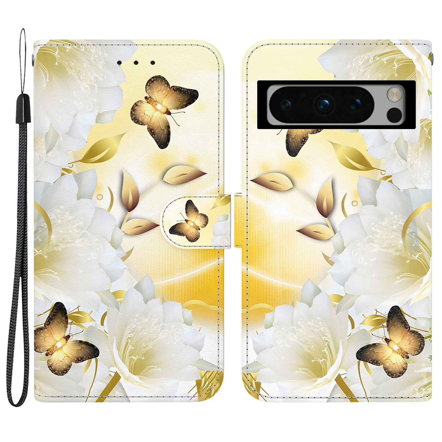 

Für Google Pixel 8 Pro Case PU Leder Magnetic Closure Protective Telefonabdeckung - Gold Schmetterlingsblume, Google Pixel 8 Pro