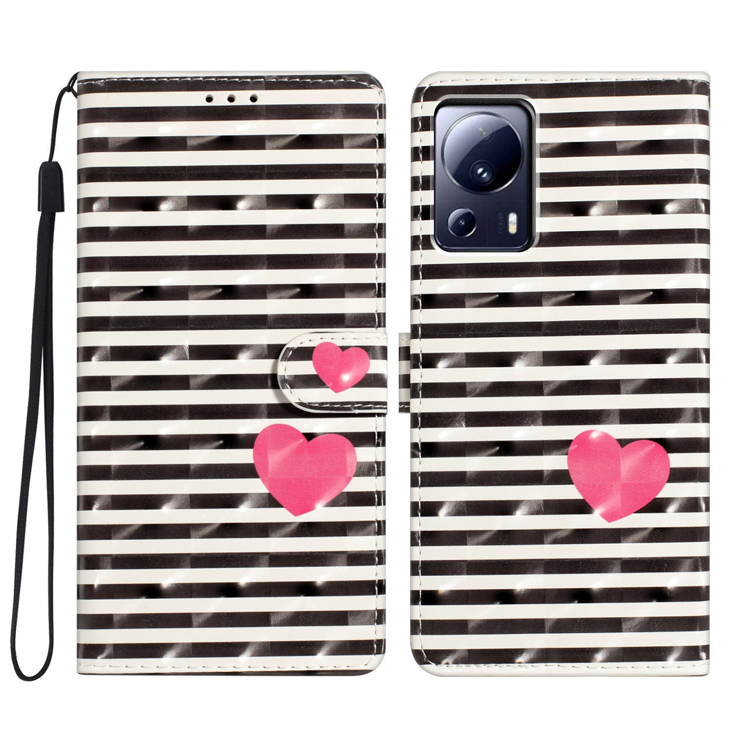 

Für Xiaomi 13 Lite / Civi 2 5G Hülle Schockdicht Mit Brieftaschenhülle PU Leder Flip Cover - Streifen / Herz, Xiaomi 13 Lite
