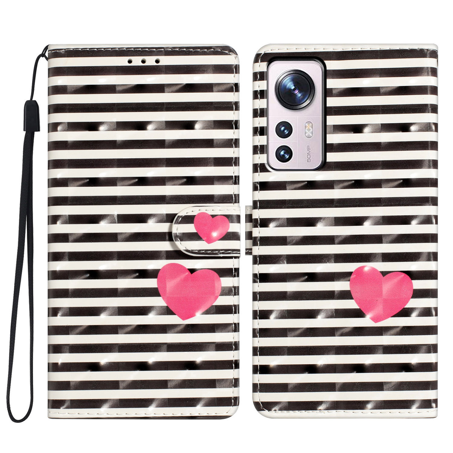 

Für Xiaomi 12 Pro 5g / 12 Pro (abmessung) 5G / 12S Pro 5G Wallet Case Schutzpu -telefonabdeckung - Streifen / Herz, Xiaomi 12 Pro 5G