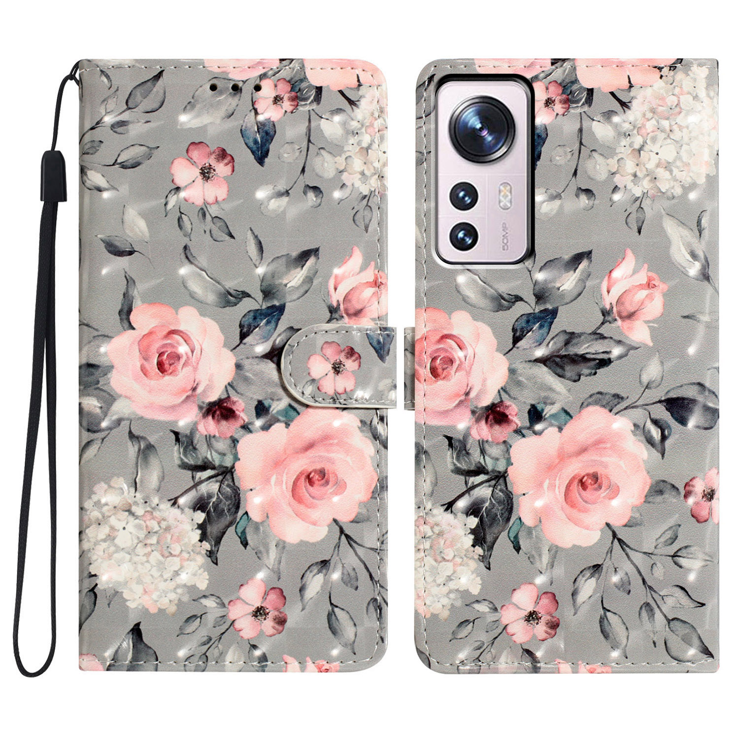 

Für Xiaomi 12 Pro 5g / 12 Pro (abmessung) 5G / 12S Pro 5G Wallet Case Schutzpu -telefonabdeckung - Blumen, Xiaomi 12 Pro 5G