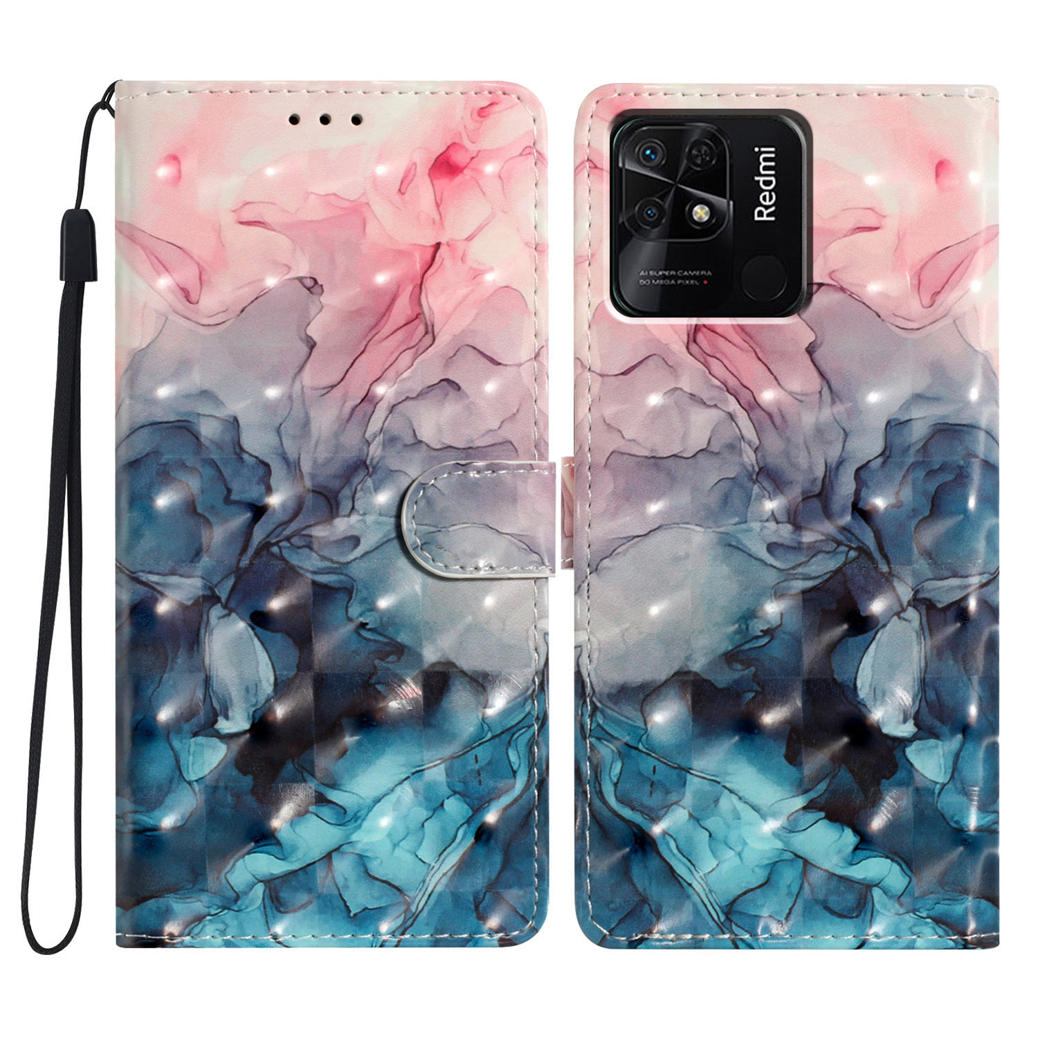 

Für Xiaomi Redmi 10C 4G Protective Case Muster Druck PU Leder Brieftasche Telefonabdeckung - Pink Blue Marmor, Xiaomi Redmi 10C 4G