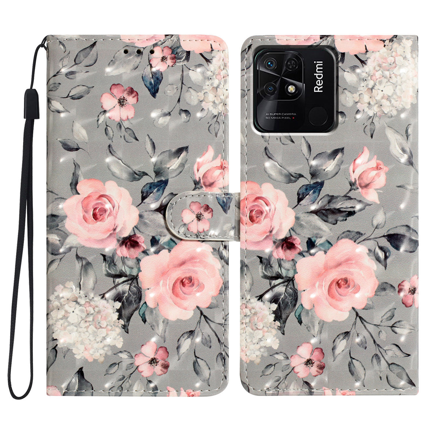 

Für Xiaomi Redmi 10C 4G Protective Case Muster Druck PU Leder Brieftasche Telefonabdeckung - Blumen, Xiaomi Redmi 10C 4G