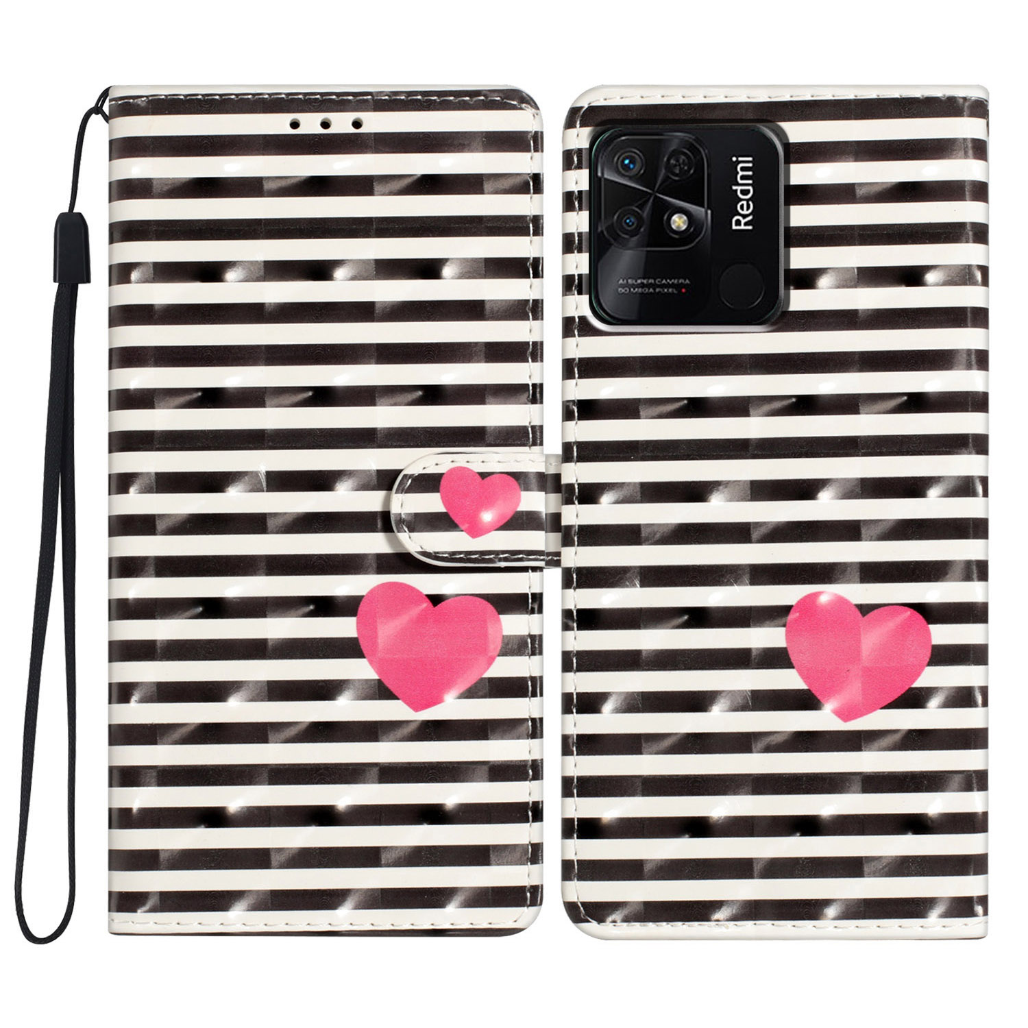 

Für Xiaomi Redmi 10C 4G Protective Case Muster Druck PU Leder Brieftasche Telefonabdeckung - Streifen / Herz, Xiaomi Redmi 10C 4G