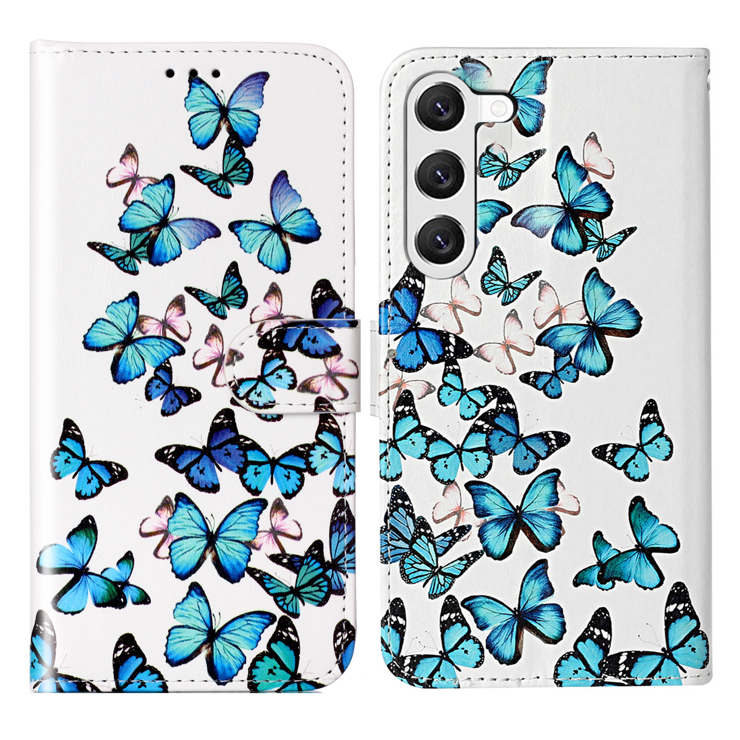 

Für Samsung Galaxy S24 Hülle Marmormuster Leder -handy -brieftasche Abdeckung - Blaue Schmetterlinge, Galaxy S24