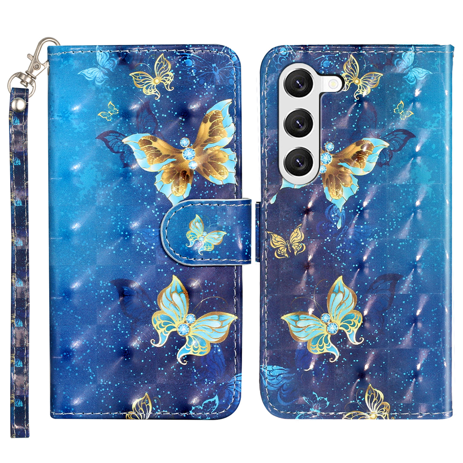 

Für Samsung Galaxy S24 Hülle 3D -muster Druck PU Leder Brieftasche Telefonständer Cover - Blaue Goldene Schmetterlinge, Galaxy S24