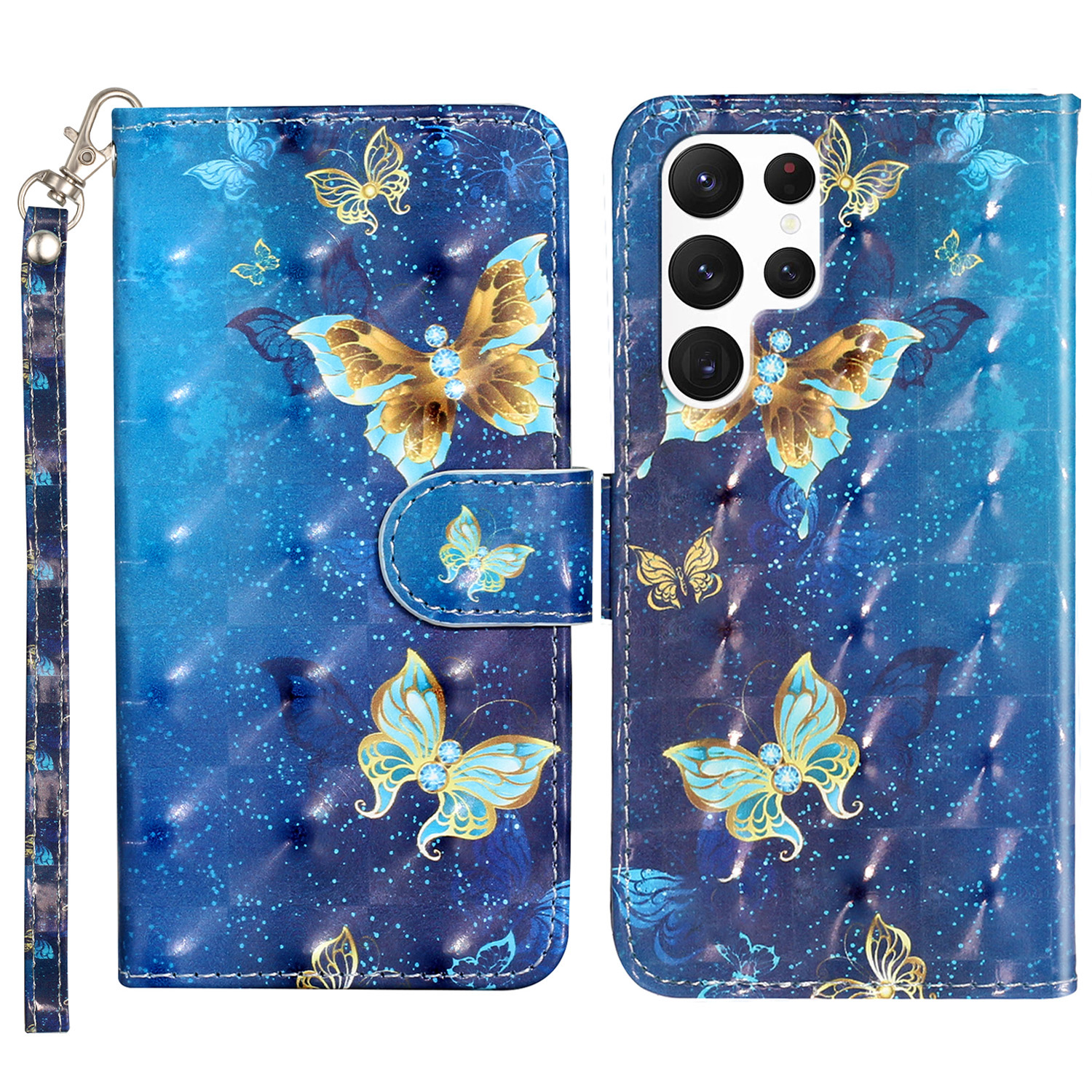 

Für Samsung Galaxy S24 Ultra Leder Cover Flip Ständer 3D -muster Gedrucktes Telefongehäuse - Blaue Goldene Schmetterlinge, Galaxy S24 Ultra
