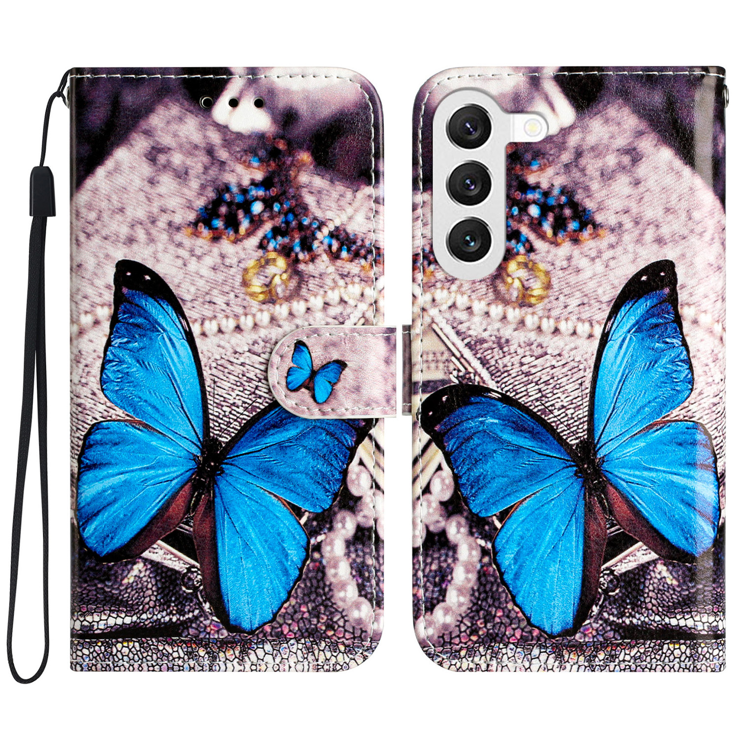 

Für Samsung Galaxy S24 Hülle PU Leder Muster Druckendesign Telefonabdeckung - Blauer Schmetterling, Galaxy S24